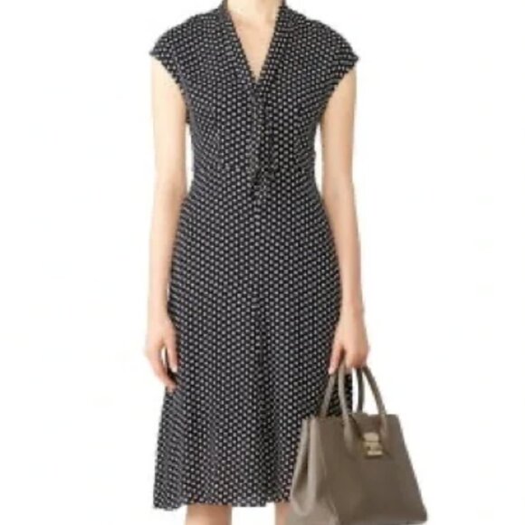 Milly "Gabby" 100% Silk Polka Dot Midi Dress w/ Tie Neck + Cap Sleeves, Size 4 - Picture 2 of 10